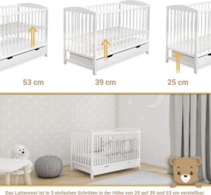 Kinderbett Babybett 60x120 cm – Gitterbett mit Schublade, Höhenverstellbarem Lattenrost und Schlupfsprossen, Umbaubar zum Juniorbett – Weiß